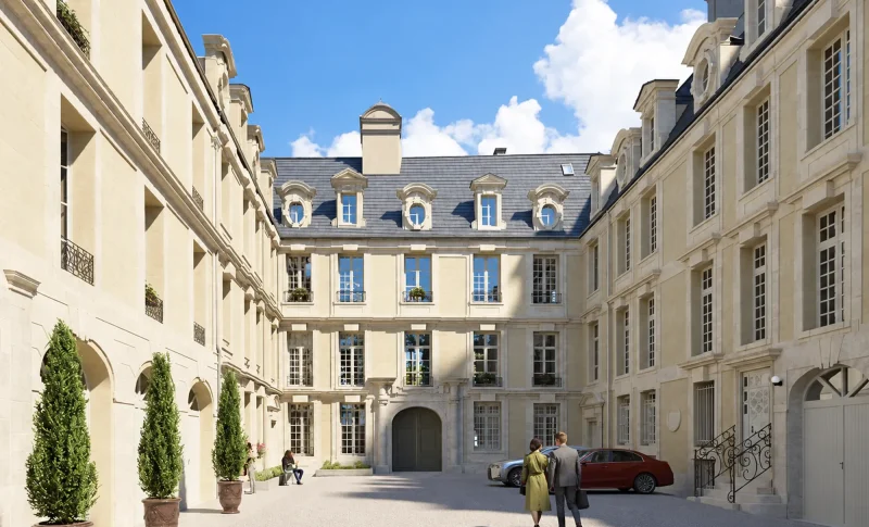 Projection de la cour de l’Hôtel Daumesnil à Caen, entourée de façades en pierre