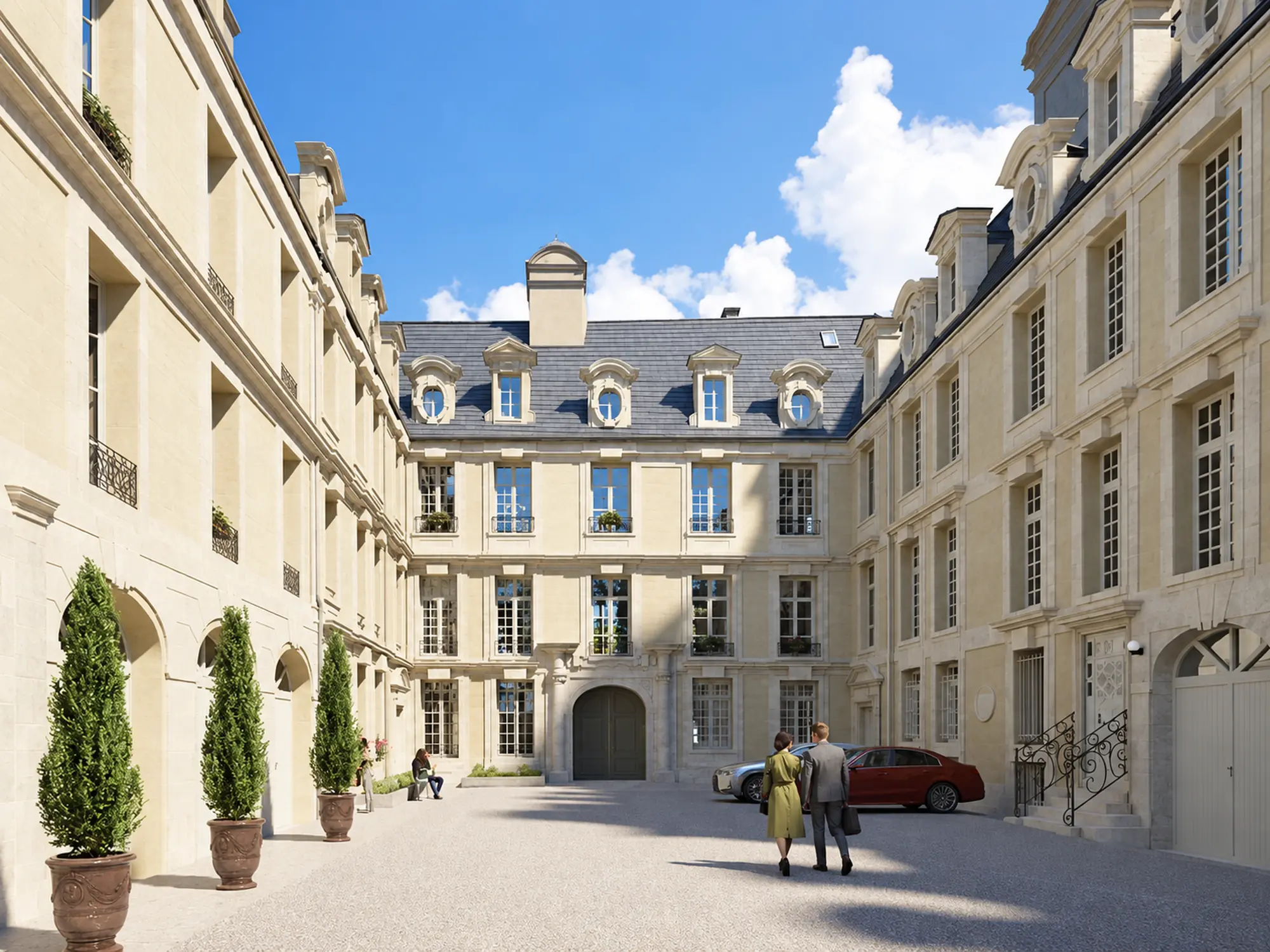 Projection de la cour de l’Hôtel Daumesnil à Caen, entourée de façades en pierre