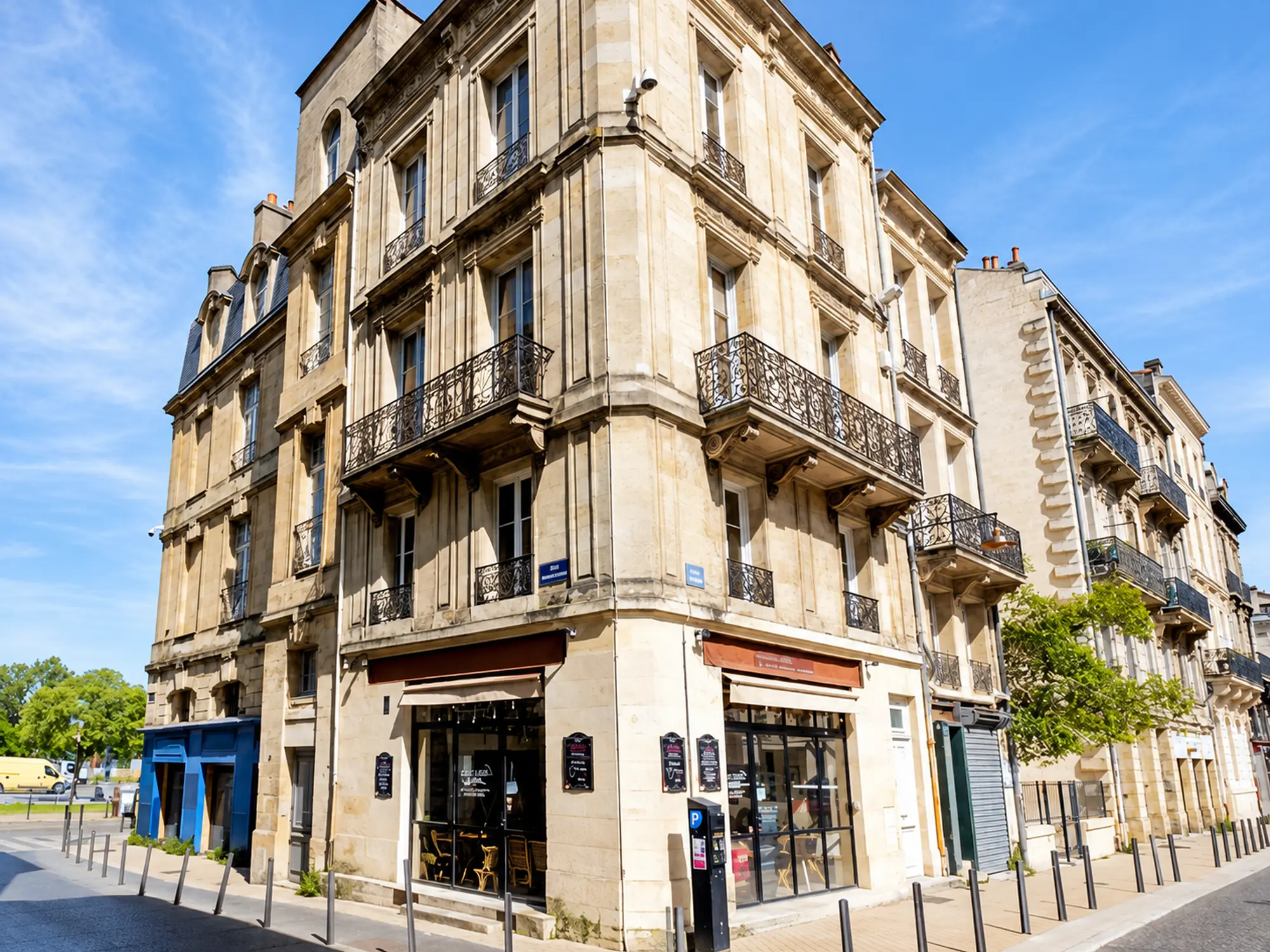 Immeuble d’angle en pierre et balcons du programme Rue des Faures à Bordeaux